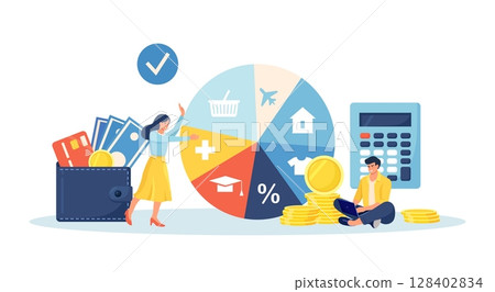 Budget planning. People analyzing personal or corporate budget. Finance accounting and calculation of financial income and expenses. Woman standing near round pie chart with indication of spendings 128402834