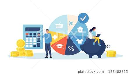 Budget planning. People analyzing personal or corporate budget. Finance accounting and calculation of financial income and expenses. Man standing near round pie chart with indication of spendings 128402835