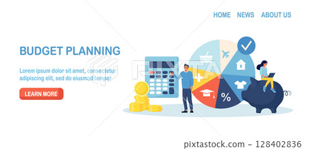 Budget planning. People analyzing personal or corporate budget. Finance accounting and calculation of financial income and expenses. Man standing near round pie chart with indication of spendings 128402836