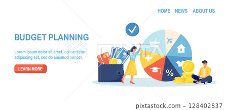 Budget planning. People analyzing personal or corporate budget. Finance accounting and calculation of financial income and expenses. Woman standing near round pie chart with indication of spendings 128402837