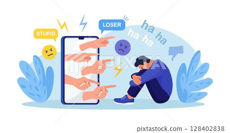 Cyber Bullying. Sad teenage man sitting in front of phone screen with dislike in social media, mockery. Depressed young person after insult, swear, verbal abuse in internet. Depression, stress concept Cyber Bullying. Sad teenage man sitting in front of phone screen with dislike in social media, mockery. Depressed young person after insult, swear, verbal abuse in internet. Depression, stress concept 128402838