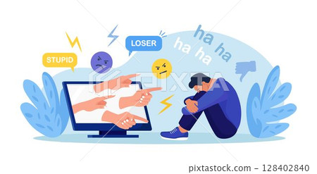Cyber Bullying. Sad teenage man sitting in front of computer with dislike in social media, mockery. Depressed young person after insult, swear, verbal abuse in internet. Depression, stress concept 128402840