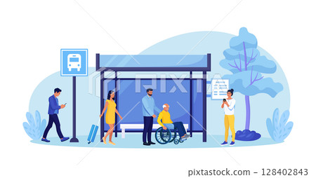 People waiting for autobus. City passengers with luggage waiting public transport at bus stop. Urban infrastructure. Students, senior man in wheelchair standing at station platform People waiting for autobus. City passengers with luggage waiting public transport at bus stop. Urban infrastructure. Students, senior man in wheelchair standing at station platform 128402843