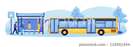 People Waiting for Autobus on Station Platform. Passengers Standing at Bus Stop. Urban Infrastructure. Woman with Luggage, Elderly Man going to Public Transport. Vector design 128402844