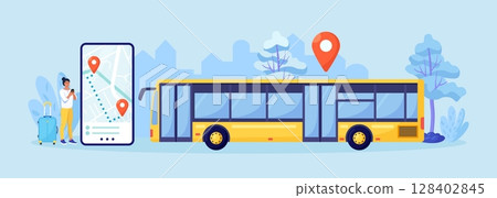 Woman buying bus ticket online with smartphone application. Female passenger with luggage planning trip online. Mobile booking service for tourism and vacation. Public transport route around town 128402845