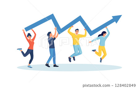 Teamwork to help improve working and achieve success. Cooperate to increase work efficiency. Business people run with arrow to reach goal. Team strategy help growing achievement. Strategic planning 128402849
