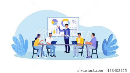 Business Training, Coaching and Education. Mentor Presenting Charts, Diagrams and Reports before Audience. Coach Speaking before Business People at Conference, Lecture. Employees Meeting at Seminar 128402855