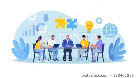 Business people thinking and solving problem. Brainstorming, research and development. Creative team working on project strategy. Teamwork, cooperation, partnership. Business future planning analysis 128402856