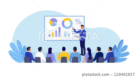 Business Training, Coaching and Education. Mentor Presenting Charts, Diagrams and Reports before Audience. Coach Speaking before Business People at Conference, Lecture. Employees Meeting at Seminar Business Training, Coaching and Education. Mentor Presenting Charts, Diagrams and Reports before Audience. Coach Speaking before Business People at Conference, Lecture. Employees Meeting at Seminar 128402857