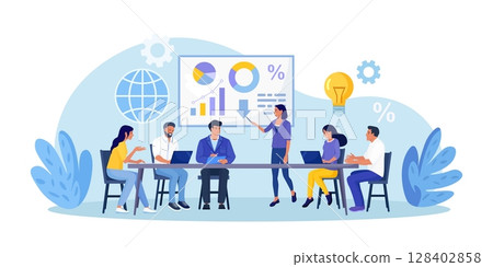 Business Training, Coaching and Education. Mentor Presenting Charts, Diagrams and Reports before Audience. Coach Speaking before Business People at Conference, Lecture. Employees Meeting at Seminar 128402858