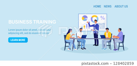 Business Training, Coaching and Education. Mentor Presenting Charts, Diagrams and Reports before Audience. Coach Speaking before Business People at Conference, Lecture. Employees Meeting at Seminar Business Training, Coaching and Education. Mentor Presenting Charts, Diagrams and Reports before Audience. Coach Speaking before Business People at Conference, Lecture. Employees Meeting at Seminar 128402859