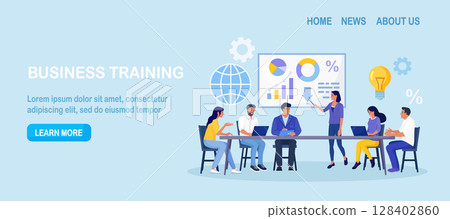 Business Training, Coaching and Education. Mentor Presenting Charts, Diagrams and Reports before Audience. Coach Speaking before Business People at Conference, Lecture. Employees Meeting at Seminar 128402860