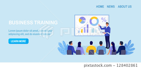 Business Training, Coaching and Education. Mentor Presenting Charts, Diagrams and Reports before Audience. Coach Speaking before Business People at Conference, Lecture. Employees Meeting at Seminar Business Training, Coaching and Education. Mentor Presenting Charts, Diagrams and Reports before Audience. Coach Speaking before Business People at Conference, Lecture. Employees Meeting at Seminar 128402861
