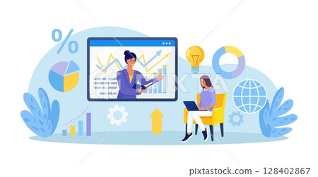Coach speaking before woman online. Mentor presenting charts and reports. Webinar, video conference. Employee meeting at business training, seminar, courses. Internet presentation, lecture Coach speaking before woman online. Mentor presenting charts and reports. Webinar, video conference. Employee meeting at business training, seminar, courses. Internet presentation, lecture 128402867