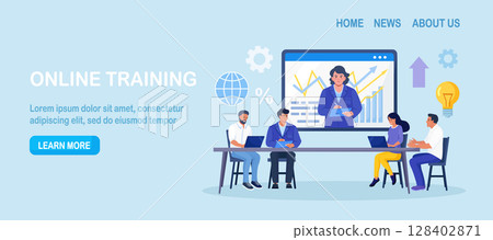 Coach speaking before business people online. Mentor presenting charts and reports. Webinar, video conference. Employees meeting at business training, seminar, courses. Internet presentation, lecture 128402871