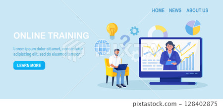 Coach speaking before man online. Mentor presenting charts and reports. Webinar, video conference. Employee meeting at business training, seminar, courses. Internet presentation, lecture 128402875