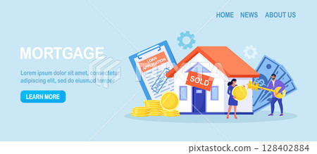 People invest money in property. House loan and rent. Woman buying home with mortgage and paying credit to bank. Money investment to real estate. Agreement of rental and key for new home 128402884