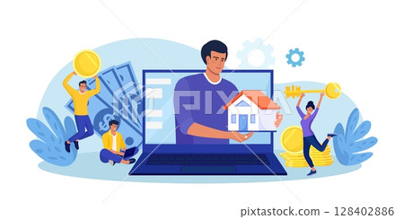 Customers buying house or renting apartment with real estate agency online. Agents showing new apartments. Real estate agent or broker helping person to choose home. Investment property, mortgage 128402886