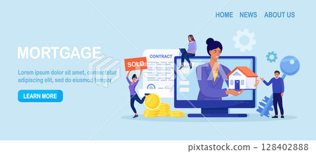 Customer buying apartment in debt with real estate agency online. People investing money in house. Mortgage, loan. Property investment, house purchase. Characters signing contact, receiving house keys 128402888