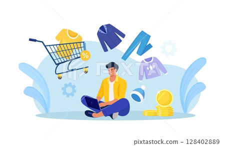 Young man shopping online using laptop, pay with mobile app. Customer choosing modern apparel, wearing, accessories for wardrobe. Internet garment shop, sale. Shopping cart, trolley with garments Young man shopping online using laptop, pay with mobile app. Customer choosing modern apparel, wearing, accessories for wardrobe. Internet garment shop, sale. Shopping cart, trolley with garments 128402889
