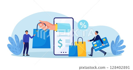 Internet shopping or fast safe delivery service. Courier man hand holding shopping bag coming out from smartphone screen. Online order and payment by mobile phone app. Internet e-commerce Internet shopping or fast safe delivery service. Courier man hand holding shopping bag coming out from smartphone screen. Online order and payment by mobile phone app. Internet e-commerce 128402891
