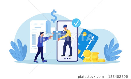 Online shopping or fast safe delivery service. Courier man holding shopping box coming out from phone screen. Customer receiving parcel. Online order and payment by mobile app. Internet e-commerce 128402896