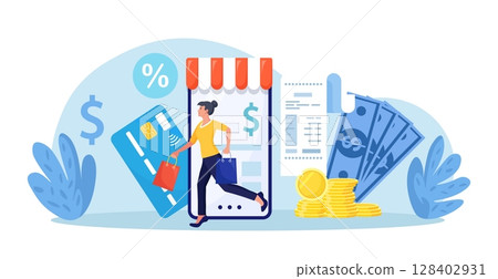 Online shopping. Happy woman come out with purchases from online store on smartphone. Shoppers buying on internet sale. Special offer, discount concept. Buyer picked goods, paid with mobile banking Online shopping. Happy woman come out with purchases from online store on smartphone. Shoppers buying on internet sale. Special offer, discount concept. Buyer picked goods, paid with mobile banking 128402931