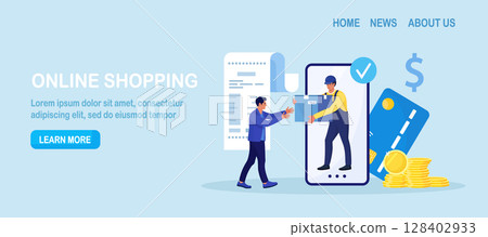Online shopping or fast safe delivery service. Courier man holding shopping box coming out from phone screen. Customer receiving parcel. Online order and payment by mobile app. Internet e-commerce Online shopping or fast safe delivery service. Courier man holding shopping box coming out from phone screen. Customer receiving parcel. Online order and payment by mobile app. Internet e-commerce 128402933
