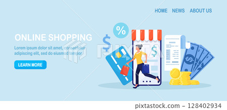Online shopping. Happy woman come out with purchases from online store on smartphone. Shoppers buying on internet sale. Special offer, discount concept. Buyer picked goods, paid with mobile banking Online shopping. Happy woman come out with purchases from online store on smartphone. Shoppers buying on internet sale. Special offer, discount concept. Buyer picked goods, paid with mobile banking 128402934