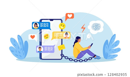 Social media addiction. Young woman addicted to smartphone. Character holding phone, surfing internet, chatting. Handcuffed girl chained to phones Social media addiction. Young woman addicted to smartphone. Character holding phone, surfing internet, chatting. Handcuffed girl chained to phones 128402935