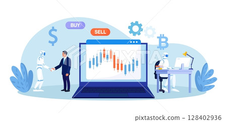 Artificial intelligence, robot trader. Trading bot analyze market data, financial exchange, earning profit. AI for automation trading on stock market. Digital currency market transactions 128402936