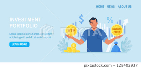 ETF. Exchange traded fund. Index fund or mutual fund. Businessman investor choosing between investing products. Diversified investment portfolio, wealth management and asset allocation. Money question 128402937