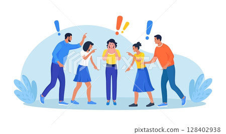 Group of violent people bullying, accusing coworker. Employees point fingers and laugh. Toxic work, abuse, bullying colleagues. Exhausted depressed employee. Angry furious characters yelling at woman Group of violent people bullying, accusing coworker. Employees point fingers and laugh. Toxic work, abuse, bullying colleagues. Exhausted depressed employee. Angry furious characters yelling at woman 128402938