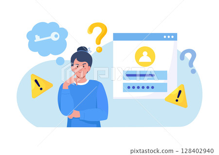 Confused woman forgetting her password for web page. User assistance and password reset services. Person who forgot his personal data when he wanted to log in. Authorization and identification Confused woman forgetting her password for web page. User assistance and password reset services. Person who forgot his personal data when he wanted to log in. Authorization and identification 128402940