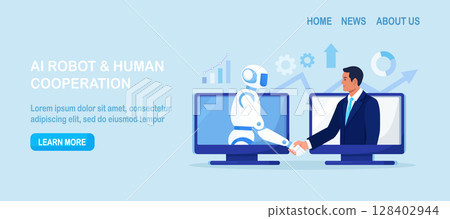 Ai robot and businessman shaking hands. Partnership between man and humanoid robot. Collaboration between human and artificial intelligence. Robotization in business 128402944
