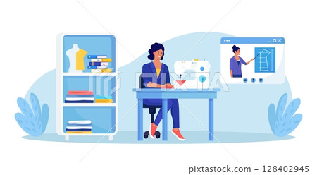 Process of sewing clothes. Young female tailor create dress in studio. Fashion designer or dressmaker courses. Sewing classes, tailoring workshop. Handicraft hobby. Handmade clothing video tutorial 128402945