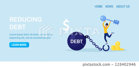 Happy woman with big key. Reduce debt burden. Female borrower opened shackles and got rid of debt. Financial freedom, money management. Loan restructuring. Character freed from monetary obligations 128402946