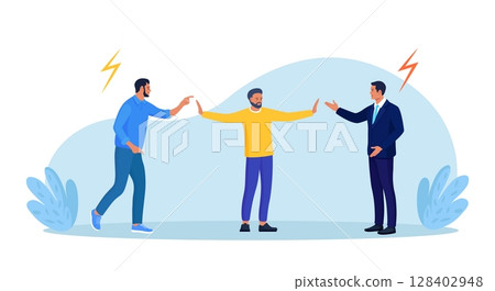 Conflict management. Man stopping conflict or fighting. Leadership skill to compromise and solving argument problem. Disagreement communication, negotiation. Business deal conversation Conflict management. Man stopping conflict or fighting. Leadership skill to compromise and solving argument problem. Disagreement communication, negotiation. Business deal conversation 128402948