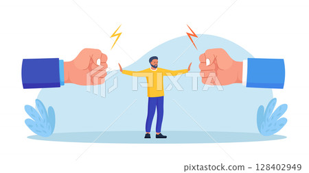Conflict management. Man stopping conflict or fighting. Leadership skill to compromise and solving argument problem. Disagreement communication, negotiation. Business deal conversation 128402949