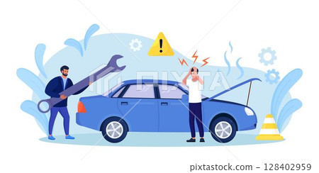 Car accident. Disappointed man in panic standing beside broken auto without insurance.Vehicle damaged, automobile crash. Breakdown of the car on the road. Spoiled transport needs repair 128402959