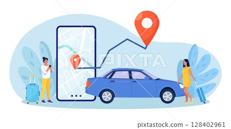 Online car rent. People using mobile application for ordering taxi cab or car sharing. Woman near smartphone screen with route and location mark on a city map 128402961