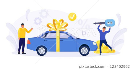 Happy People Celebrating Buying Auto. Automobile Purchase. Men Standing near New Sedan Car Wrapped with Big Festive Bow. Cars Rent, Sharing, Leasing. Successful Deal. Car Key in Hand Happy People Celebrating Buying Auto. Automobile Purchase. Men Standing near New Sedan Car Wrapped with Big Festive Bow. Cars Rent, Sharing, Leasing. Successful Deal. Car Key in Hand 128402962