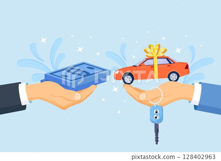 Buying or renting new or used car. Auto dealer giving key to buyer and receive stack of money. Vehicle rental, sale or leasing concept 128402963