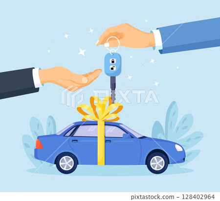 Buying or renting new or used car. Auto dealer giving key to buyer. Vehicle rental, sale or leasing concept 128402964