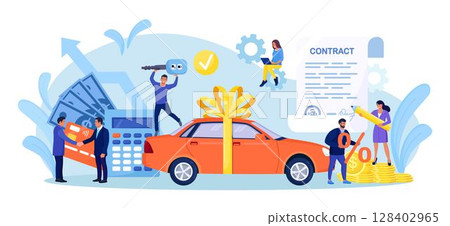 Buying new car. Rent auto, carsharing. Businessmen signing contract for car leasing and shaking hands. Bank loan agreement, property insurance. Agent selling vehicle to customer 128402965