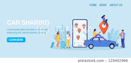 Person use autonomous online car sharing service. Man near smartphone screen with route and points location of car on city map. Online ordering taxi, rent auto. Group of people sharing auto Person use autonomous online car sharing service. Man near smartphone screen with route and points location of car on city map. Online ordering taxi, rent auto. Group of people sharing auto 128402966