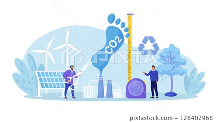 Carbon footprint as CO2 emission pollution. Human impact on planet ecosystem. Foot symbol as industrial toxic effect. Reduce dioxide greenhouse gases with alternative energy, decrease emission produce 128402968