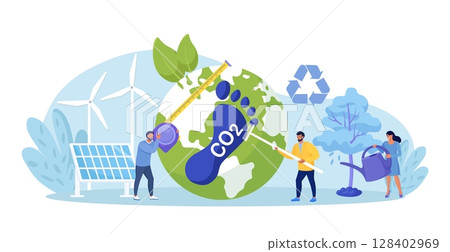 Carbon footprint as CO2 emission pollution. Human impact on ecosystem. Foot symbol as industrial toxic effect. Reduce dioxide greenhouse gases with alternative energy, plant ecological forestation 128402969