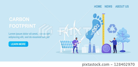 Carbon footprint as CO2 emission pollution. Human impact on planet ecosystem. Foot symbol as industrial toxic effect. Reduce dioxide greenhouse gases with alternative energy, decrease emission produce 128402970