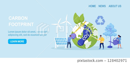 Carbon footprint as CO2 emission pollution. Human impact on ecosystem. Foot symbol as industrial toxic effect. Reduce dioxide greenhouse gases with alternative energy, plant ecological forestation 128402971